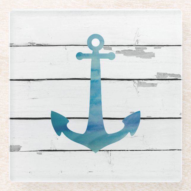 Anchor Nautical Beach Decor Glass Coaster (Front)