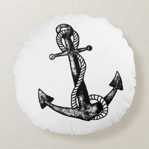Anchor Nautical Black and white Round Pillow