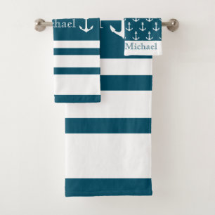 Anchor Nautical Blue And White Stripes Name Bath Towel Set