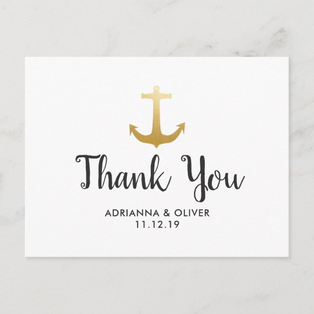 Anchor Nautical Faux Gold Foil | Wedding Thank You Postcard (Front)