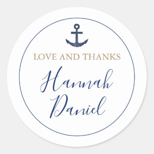 Anchor Nautical Navy Love and Thanks Wedding Favou Classic Round Sticker