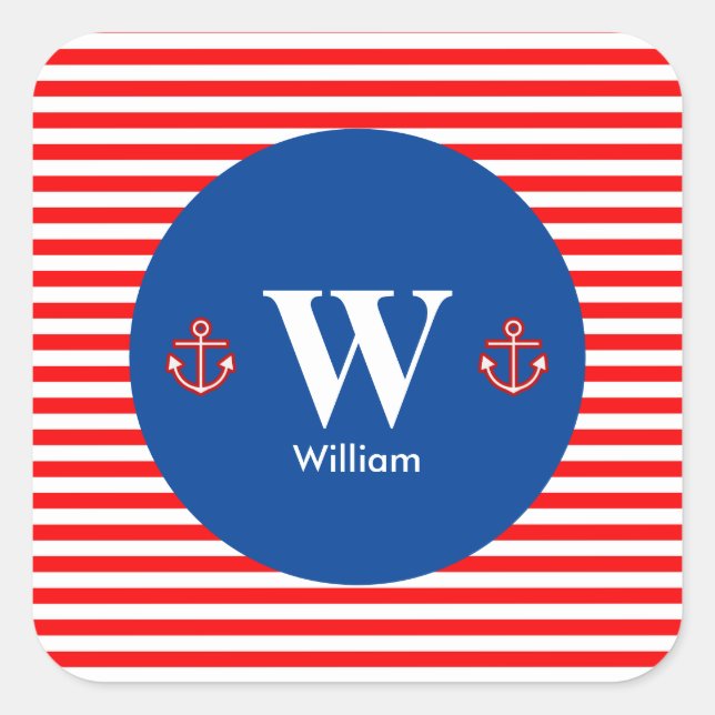 Anchor Nautical Navy Red White Stripes Pattern Square Sticker (Front)
