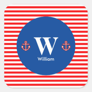 Anchor Nautical Navy Red White Stripes Pattern Square Sticker