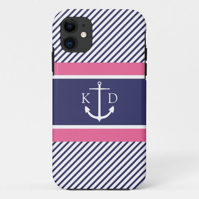 Anchor & Nautical Stripes & Monogram Navy &Pink Case-Mate iPhone Case (Back)