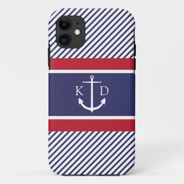 Anchor & Nautical Stripes & Monogram Navy & Red Case-Mate iPhone Case (Back)