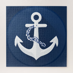 Anchor Nautical Symbol Classic White Navy Blue  Jigsaw Puzzle