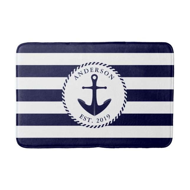 Anchor Navy and White Nautical Bath Mat (Front)