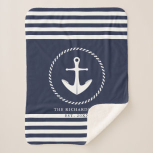 Anchor Navy Blue and White Coastal Nautical Custom Sherpa Blanket
