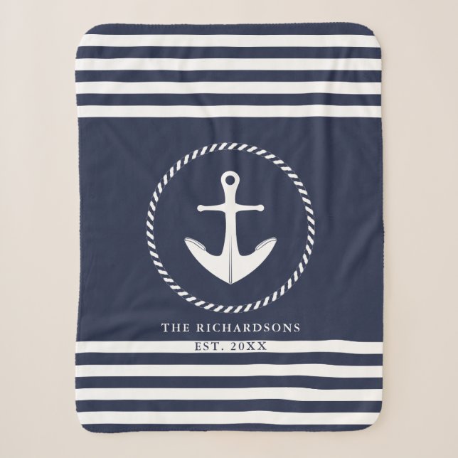 Anchor Navy Blue and White Coastal Nautical Custom Sherpa Blanket (Front)