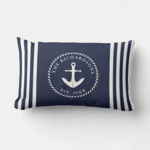 Anchor Navy Blue and White Personalized Nautical Lumbar Pillow