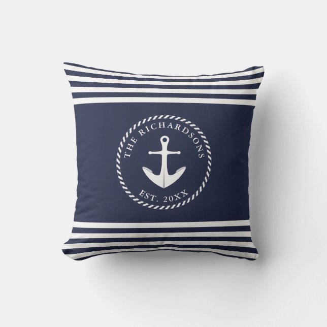 Anchor Navy Blue and White Striped Coastal Style Throw Pillow (Front)