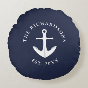 Anchor Navy Blue Personalized Nautical Round Pillow