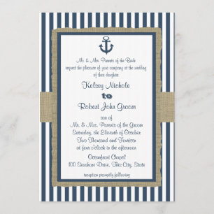 Anchor Navy Blue Stripes Beach Wedding Invitation