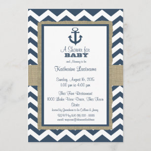 Anchor Navy Blue Zigzag Baby Shower Invitation