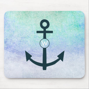 Anchor Navy Nautical Beach Teal Monogram Aqua Mouse Pad