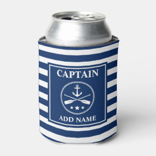 Anchor & Oars Captain or Boat Name Blue Striped Can Cooler