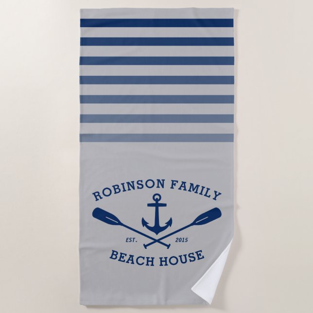 Anchor Oars Family Name Beach House Grey & Blue Beach Towel (Front)