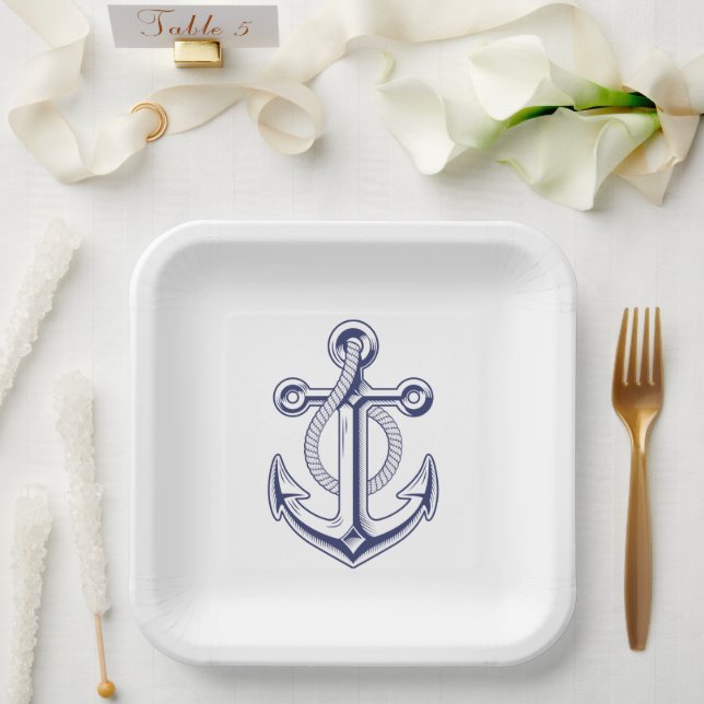 Anchor Ocean Sailor Navy Blue Nautical Wedding  Paper Plate (Wedding)