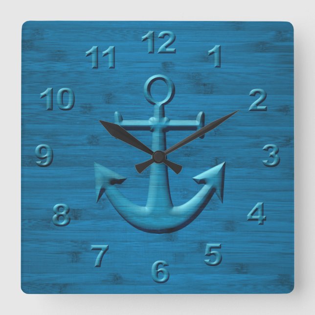 Anchor On Blue Wood Texture Print Square Wall Clock (Front)