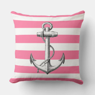 Anchor on Cute Nautical Pink Stripe Pattern Throw Pillow