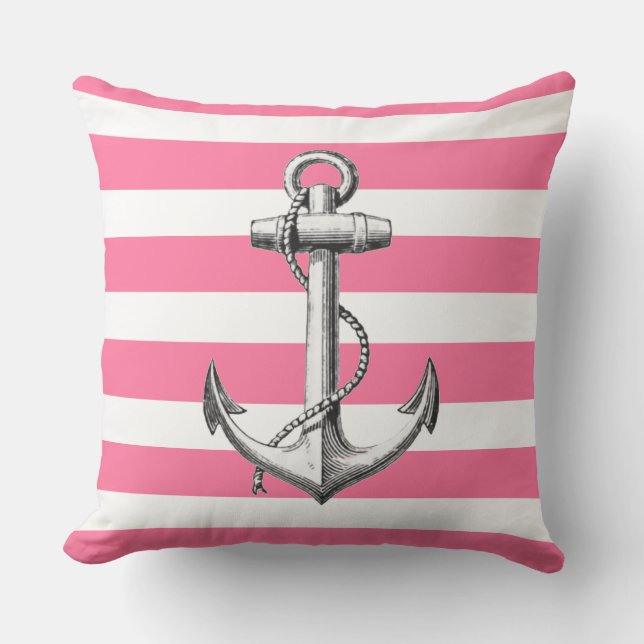 Anchor on Cute Nautical Pink Stripe Pattern Throw Pillow (Front)