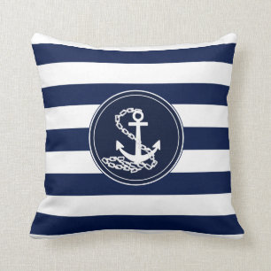 Anchor On Nautical Blue And White Stripes Sailor Throw Pillow