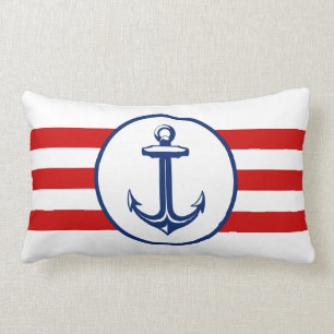 Anchor on Red White Striped Background Lumbar Pillow
