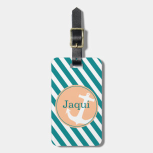 Anchor on Stripes   teal peach Luggage Tag