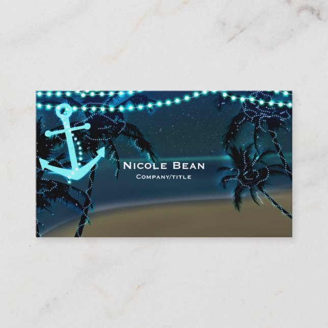 Anchor + Palm Trees Beach Night Business Card (Front)