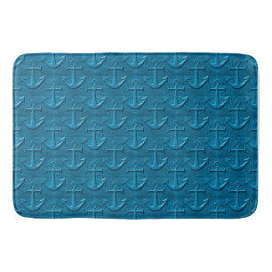 Anchor Pattern On Blue Wood Texture Bath Mat