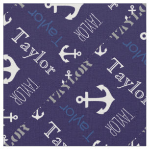 Anchor personalized name blue nautical text fabric