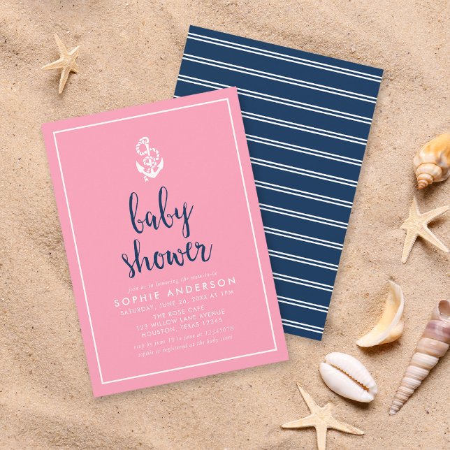 Anchor Pink and Blue Script Baby Shower Invitation (Creator Uploaded)