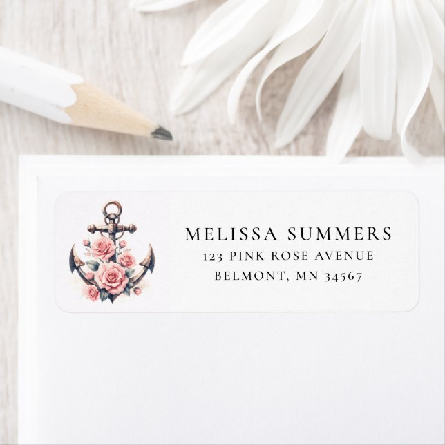 Anchor Pink Roses Nautical Return Address (Insitu)