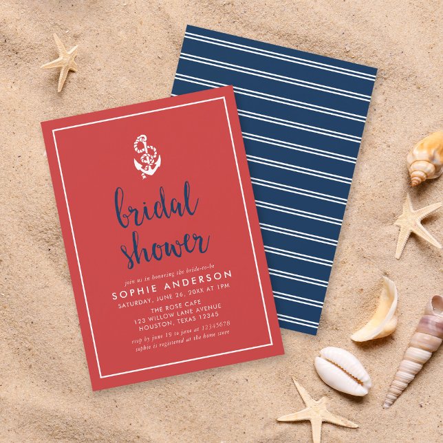 Anchor Red and Blue Script Bridal Shower Invitation (Creator Uploaded)
