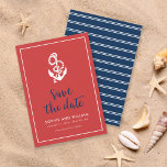 Anchor Red and Blue Script Save the Date<br><div class="desc">Stylish Nautical Save the Date featuring an anchor and the words "save the date" in a stylish blue script against a red background with a white border. Card has a white stripes pattern against a blue background back side. Check out other wedding items here https://www.zazzle.com/rosewoodandcitrus/gifts?cg=196540141241316965&rf=238364477188679314 Personalize it by replacing the...</div>