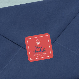 Anchor Red and Blue Script Save the Date Square Sticker