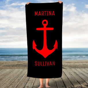 Anchor Red in Black Custom Bath Towel