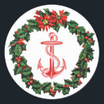 Anchor Red Wreath Christmas Sticker<br><div class="desc">A vintage anchor in red is framed by a vintage holly wreath on this lovely holiday sticker. Many other beach themed items are available in my Zazzle store</div>