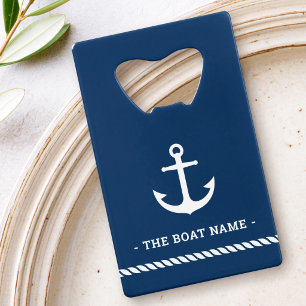 Anchor rope border boat name dark blue credit card bottle opener