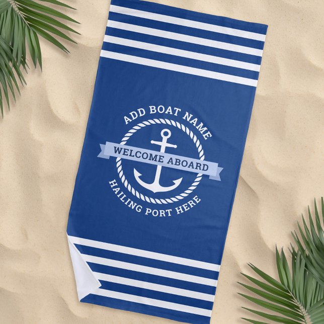 Anchor rope border boat name welcome aboard beach towel (Creator Uploaded)