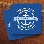 Anchor rope border boat name welcome aboard coaster<br><div class="desc">Coaster featuring a white nautical anchor surrounded by a rope border on a dark blue background. Across the anchor is a light blue banner with customizable text "welcome aboard". Add your boat's name and hailing port.</div>