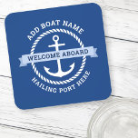 Anchor rope border boat name welcome aboard coaster<br><div class="desc">Coaster featuring a white nautical anchor surrounded by a rope border on a dark blue background. Across the anchor is a light blue banner with customizable text "welcome aboard". Add your boat's name and hailing port.</div>