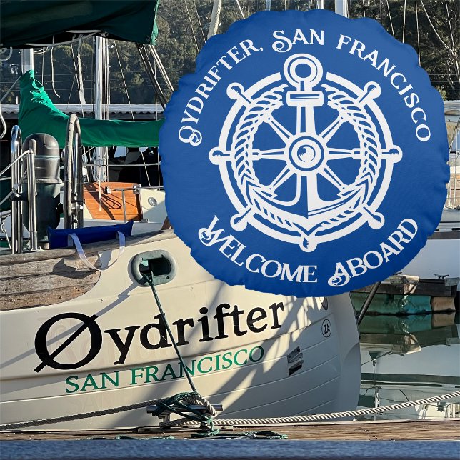 Anchor Rope Ship Wheel Boat Name Welcome Aboard Round Pillow (Creator Uploaded)