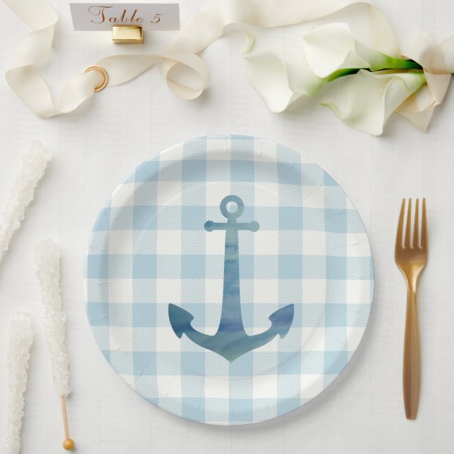 Anchor Sailboat Nautical Blue Gingham Check Paper Plate (Wedding)