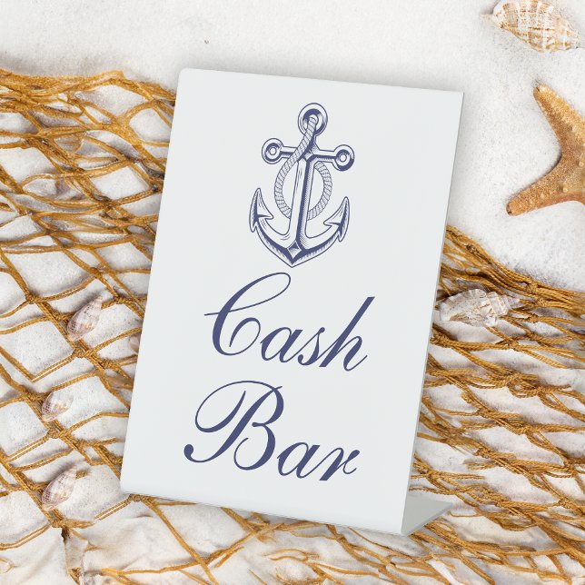 Anchor Sailor Navy Blue Nautical Wedding Cash Bar Pedestal Sign (Creator Uploaded)