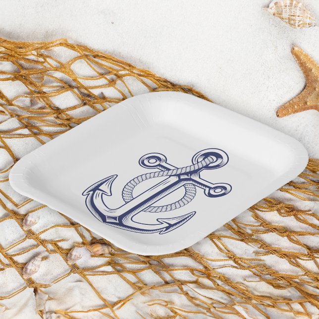Anchor Sailor Ocean  Navy Blue Nautical Wedding Paper Plate (Creator Uploaded)