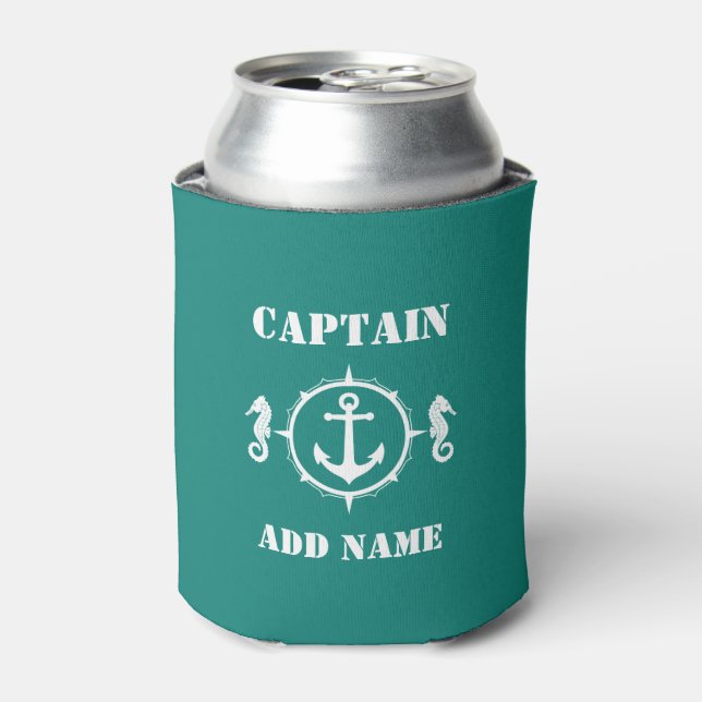 Anchor Seahorse Captain or Boat Name Can Cooler (Can Front)