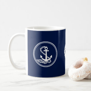Anchor, Ship's Wheel Blue And White Maritime Style Coffee Mug