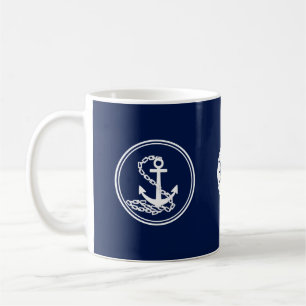 Anchor, Ship's Wheel Blue And White Maritime Style Coffee Mug