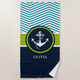 ANCHOR STRIPED NAUTICAL MONOGRAM GREEN AND NAVY BEACH TOWEL